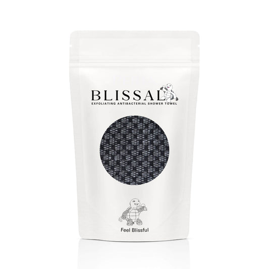 Blissal exfoliating antibacterial shower towel in premium resealable gift-ready packaging
